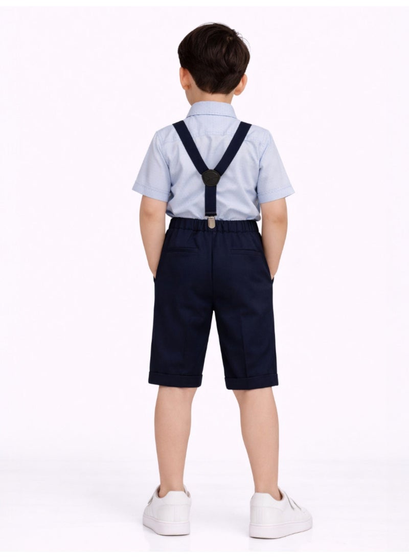 victor and jane Boys 4 Pc set Formal Shirt, Navy Shorts, Suspenders & Bow Tie Set - Image 4